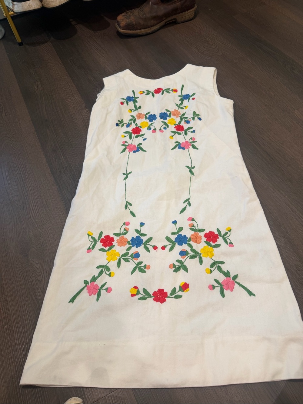 White Sleeveless Mini Dress with Multicolor Floral Embroidery